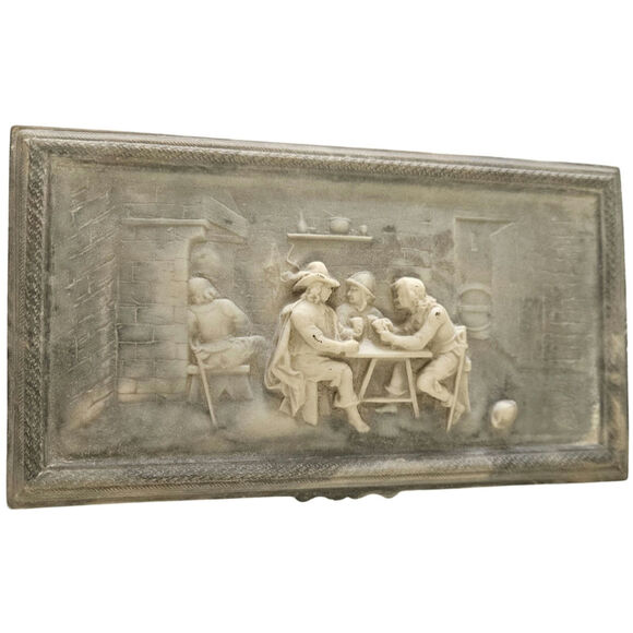 1975 Incolay Stone Handcrafted Carved Hinged Box Men In  Pub Scene Trinket Box - Picture 1 of 9
